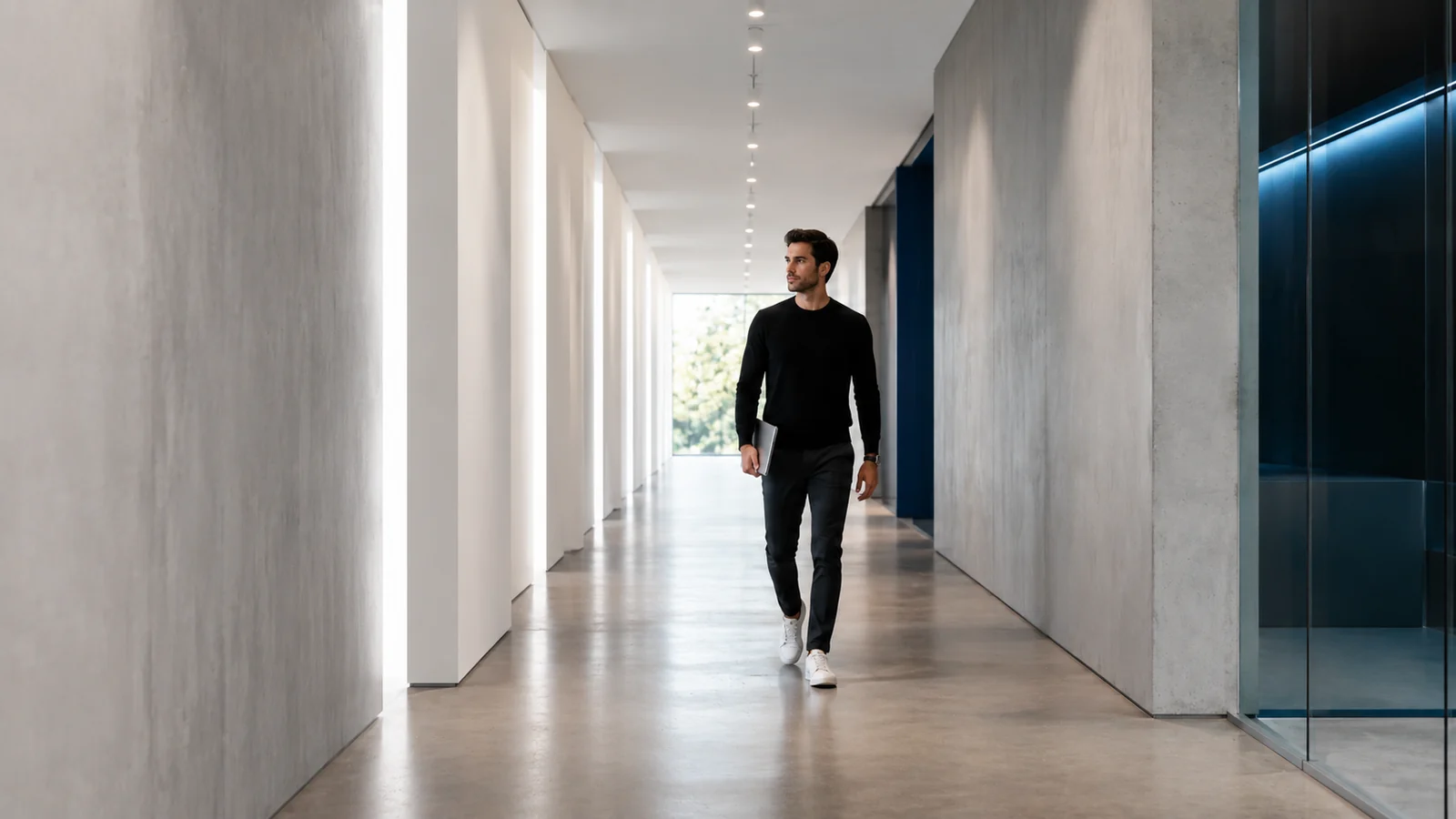 Empreendedor caminhando em um ambiente corporativo moderno